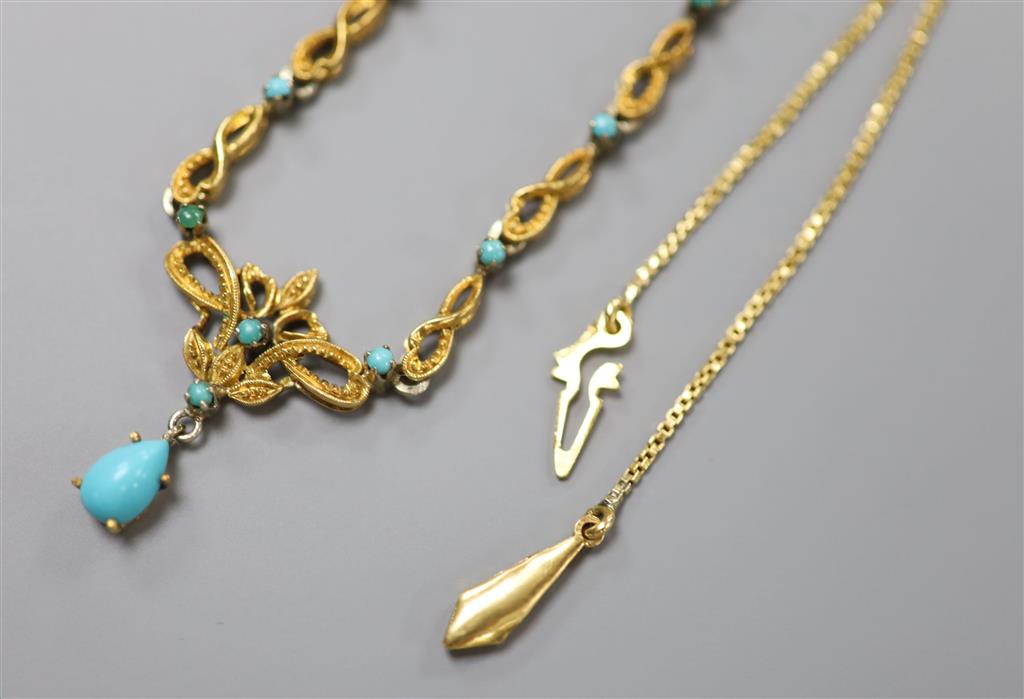 A yellow metal and turquoise set drop pendant necklace, 44cm, gross 9.6 grams and a pair of earrings